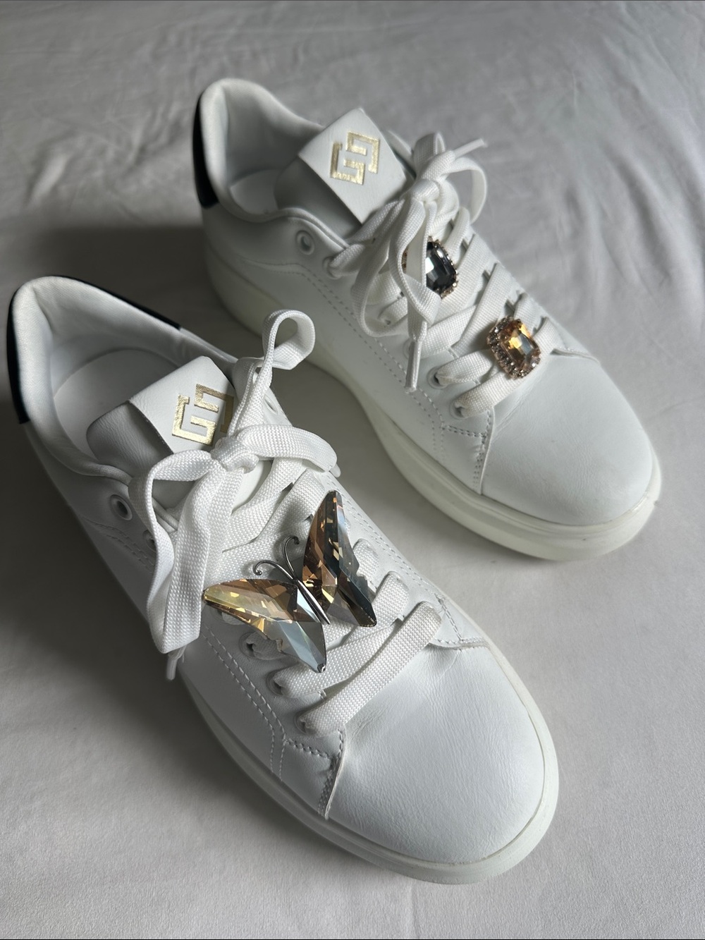 White Lace-Up Women’s Sneakers with Crystal Butterfly Accent